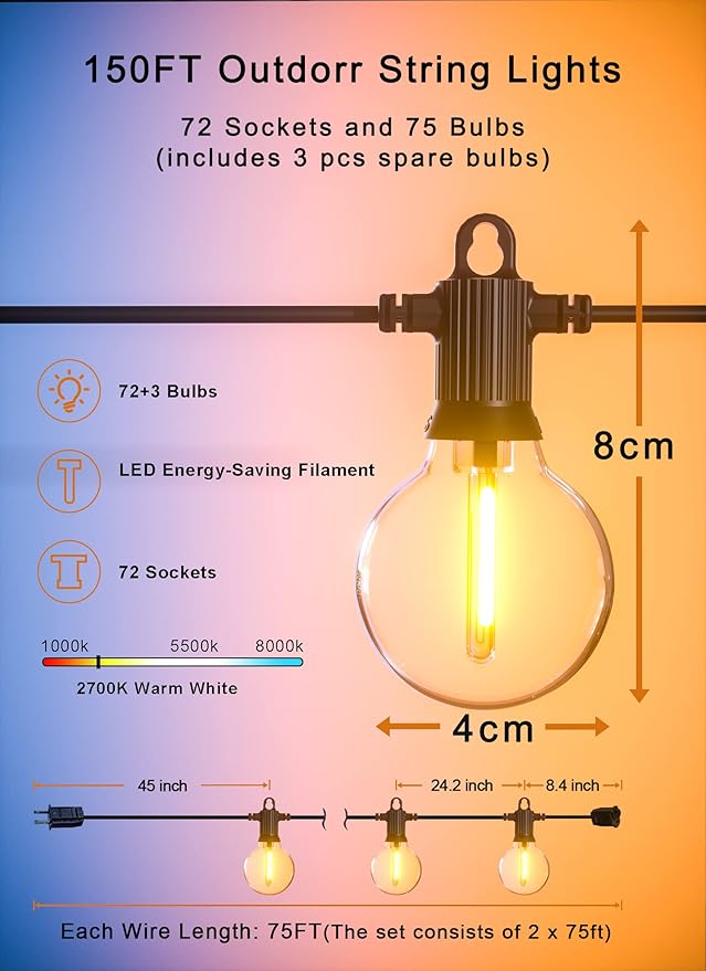 Outdoor String Lights, 150FT Patio Lights with 75 Shatterproof G40 Globe Bulb(3 Spare), Waterproof Connectable Dimmable LED Hanging String Lights for Outside Backyard Porch Balcony(2x75FT)
