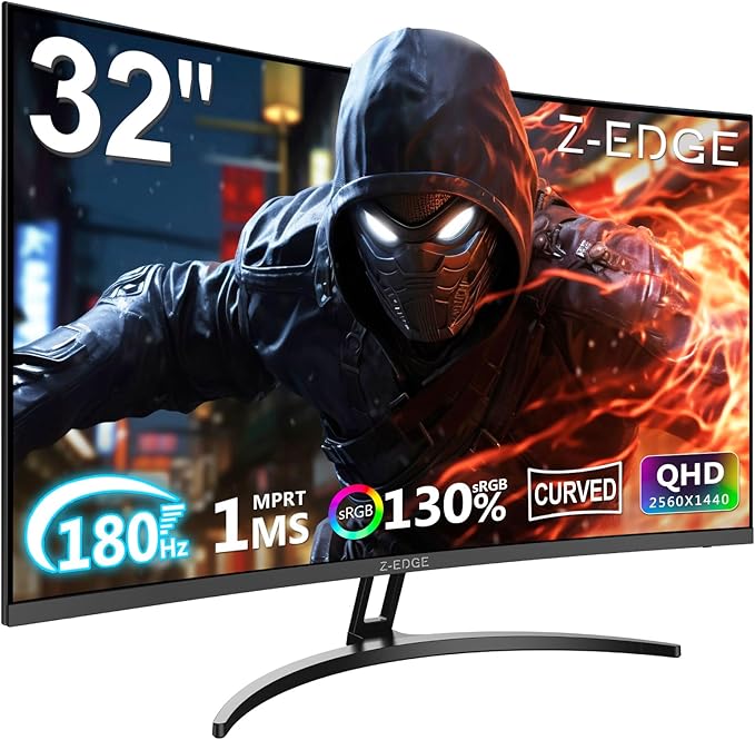 Z-Edge 32 inch Curved Gaming Monitor, QHD 1440P 180Hz 165Hz 144Hz Curved Monitor, 1500R Computer Monitor, MPRT 1ms Monitor, 16.7M Colors, 3000:1 Contrast, UG32 Ultra Slim Bezel, DP x2, HDMI x2