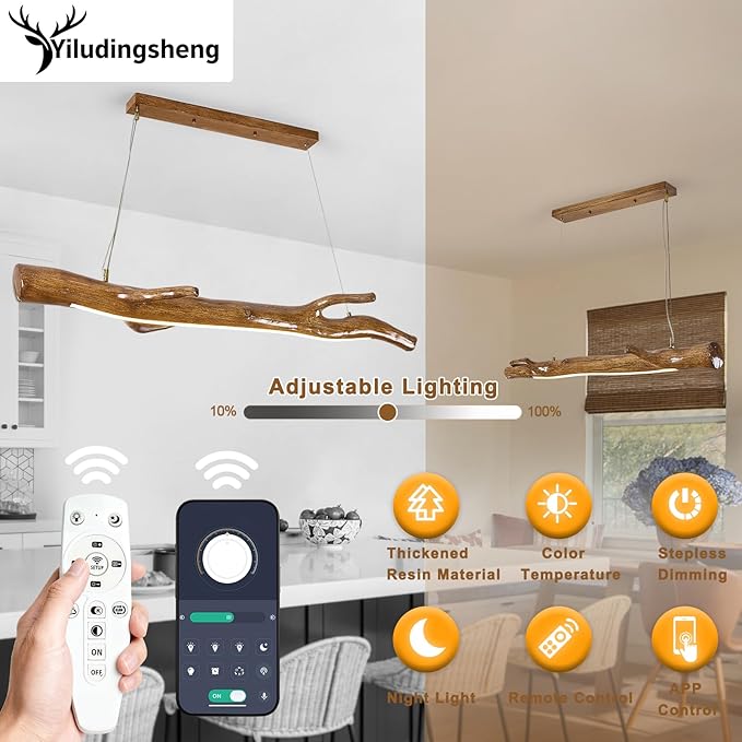 63in Wood Linear Pendant,Modern Dimmable Hanging Light Adjustable Kitchen Island Linear Chandelier for Dining Room Pool Table Light