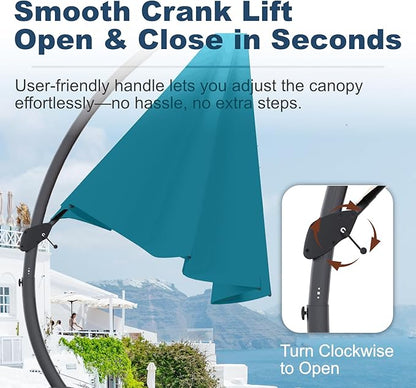 12FT Cantilever Umbrella with Base Large Curvy Outdoor Aluminum Offset Umbrella w/ 360° Rotation, UV Resistant Canopy for Patio, Garden, Backyard, Lake Blue