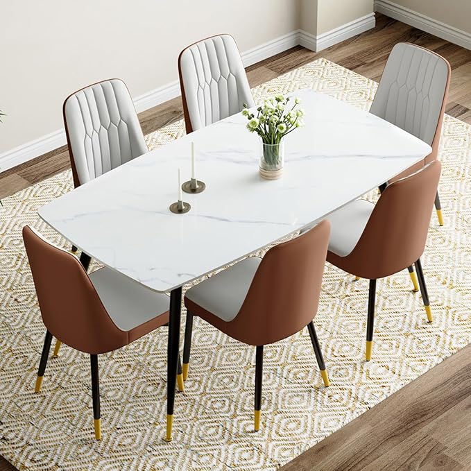 7 Piece Modern Dining Set, 62'' Sintered Stone Dinner Table for 6, Easy to Assemble