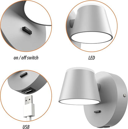 URSOLA Wall Light LED Wall Sconce with On/Off Switch USB Charging Port 110 Volt Hardwired Wall Lamp 350 Rotatable Up Down Sconces Wall Lighting (Grey)