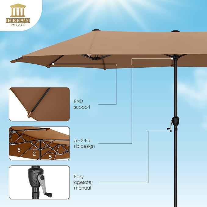 HERA'S PALACE 13 ft Large Patio Umbrella Double-Sided Outdoor Market Umbrella for Poolside Lawn Garden Powerful UV Protective, Tawny
