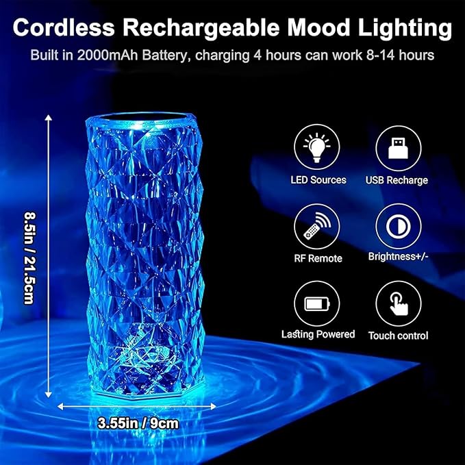 2-Pack Crystal Table Lamp Touch, 16 Color Changing Night Light, Rechargeable, Dimmable, RGB Rose Diamond Mood Lighting, Protable Cordless Desk Lamp Bedside Led Light for Bedroom Living Room Party
