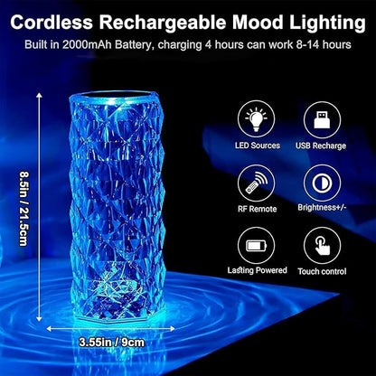 2-Pack Crystal Table Lamp Touch, 16 Color Changing Night Light, Rechargeable, Dimmable, RGB Rose Diamond Mood Lighting, Protable Cordless Desk Lamp Bedside Led Light for Bedroom Living Room Party