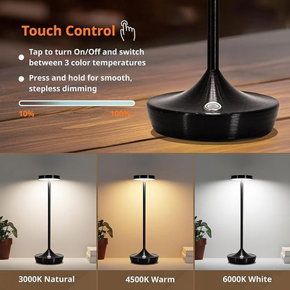 Cordless Table Lamp Rechargeable - 6000mAh LED Battery Operated Table Light - Portable Touch Dimmable Outdoor Waterproof Table Lamps for Patio Restaurant Dining (2 Black)