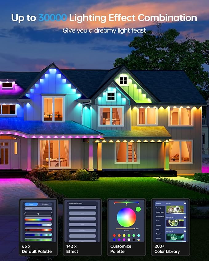 ASAHOM Permanent Outdoor Lights Pro S108E, 300FT with 216 RGBCW LEDs, WLED Integration, AI Lighting, 30000 Lighting Effect Combinations, IP67 Waterproof for Christmas New Year Daily Decor, Black