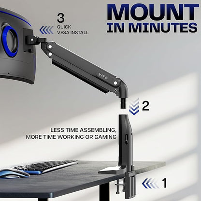 VIVO Aluminum Ultrawide Monitor Stand, Classic, Fits up to 49 inch Computer Screens, Single Articulating Pneumatic Arm, C-Clamp and Grommet Desk Mount, Max VESA 200x100, Black, STAND-V100H