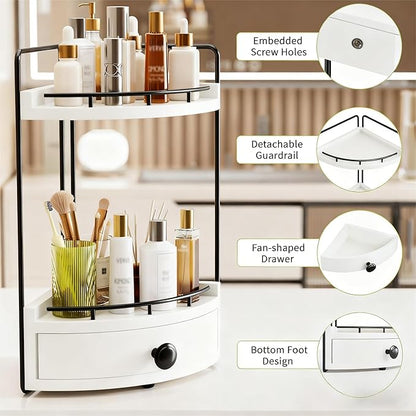 2-Tier Corner Bathroom Countertop Organizer with Drawer, Wooden Vanity Organizers for Makeup and Skincare Storage, Corner Counter Shelf with Embedded Screw Holes, White