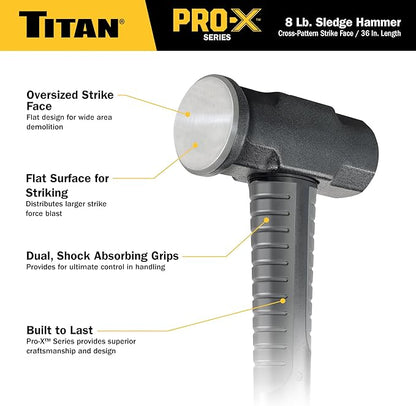 Titan Pro-X 63018 8lb Sledge Hammer, Dual-Face Sledge with Cross-Pattern Face for Concentrated Power & Flat Face for Stake Driving, Overstrike Protection, 36" Fiberglass Handle with Textured Grip