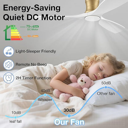52inch Wood Ceiling Fans with Lights and Remote,Low Profile Modern Ceiling Fan with Light,Outdoor Indoor Flush Mount Ceiling fan,for Bedroom Living room Patio,White Gold,3 Blades,Reversible,Quiet
