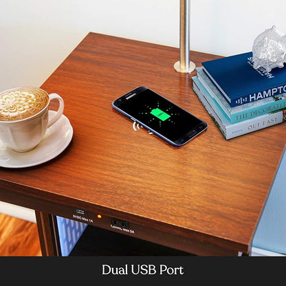Brightech Madison Side Table with Lamp Combo, Desk Lamp with Wireless Charging Pad and USB Port, Bedside Reading Lamp, Nightstand Lamp with LED Bulb for Bedroom, Living Room, Office - Havana Brown