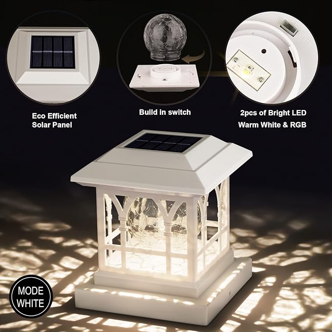 Solar Post Cap Lights, Warm White & RGB Automatic Cycling, Cracked Glass Bulb, 20 Lumens lP65 Waterproof Fit 3.6x3.6 4x4 4.5x4.5 5x5 Wood Fence Post Solar Powered Lights White (2 Pack)