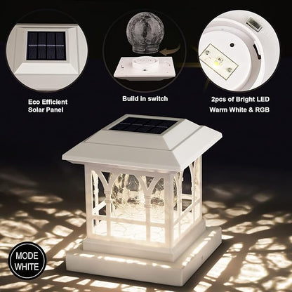 Solar Post Cap Lights, Warm White & RGB Automatic Cycling, Cracked Glass Bulb, 20 Lumens lP65 Waterproof Fit 3.6x3.6 4x4 4.5x4.5 5x5 Wood Fence Post Solar Powered Lights White (2 Pack)