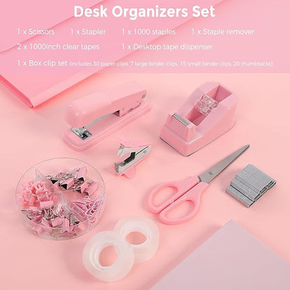 SKYDUE Pink Office Desk Accessories, Pink Office Supplies, Stapler, Tape Dispenser, Scissors, Clips and 1000pcs Staples,Office Supplies for Desk for Women