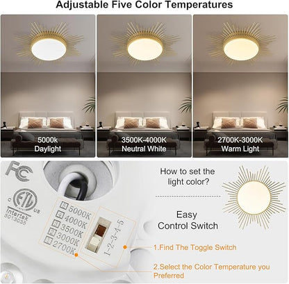 D23.6 In. LED Dimmable Ceiling Lights Flush Mount, Kids Ceiling Light Fixture, Nursery Light Fixture Brass Firework Flower Ceiling Light for Kids Room Bedroom Nursery Ceiling Light 5CCT 2700K-5000K