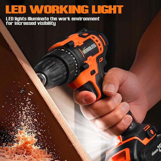 WORKBLESS 21V Power Drill Set, Cordless Drill with Battery and Charger, 3/8'' Keyless Chuck, Variable Speed, 18+1 Torque Setting and 28pcs Drilling/Driver Bits Tool Set(Orange)