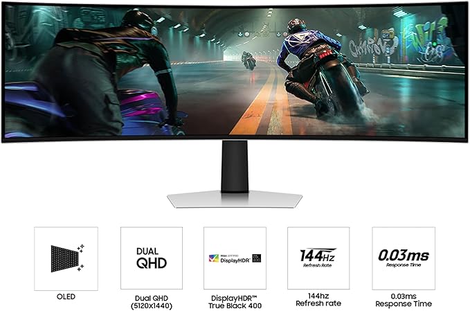 Samsung 49" Odyssey OLED G9 (G91SD) Dual QHD QD-OLED G-Sync Compatible Curved Gaming Monitor, 144Hz, 0.03ms, AMD FreeSync Premium Pro, Ergonomic Stand, 3 Year Warranty, LS49DG910SNXZA, 2024