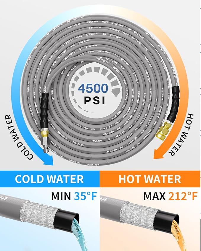 Pressure Washer Hose 200FT 3/8" for Cold and Hot Water 212°F, with Swivel Quick Connect, 4500PSI Kink Resistant Grade Steel Wire Braided, Power Washer Hose With 2pcs M22-14mm Adapter