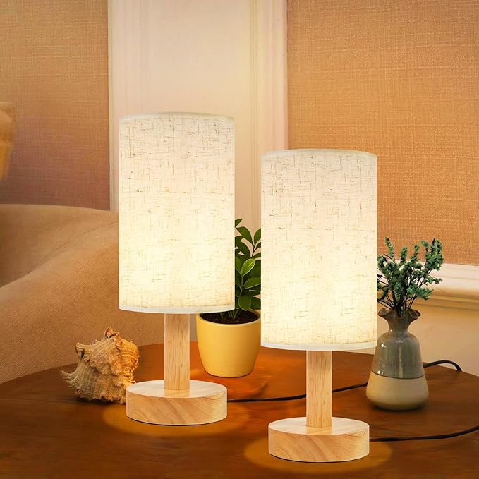 Small Bedside Table Lamps for Bedroom Set of 2,Natural Round Wood Base&Fabric Linen Shade,Cozy Night Light for Study Reading,Minimalist Boho Desk Lamp for Nightstand,Living Room,Nursery,Kitchen,Dorm
