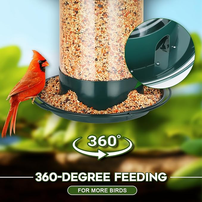 Metal Bird Feeders for Outdoors Hanging, Weather Resistant Wild Bird Feeder with 360 Degree Feeding Tray, Green