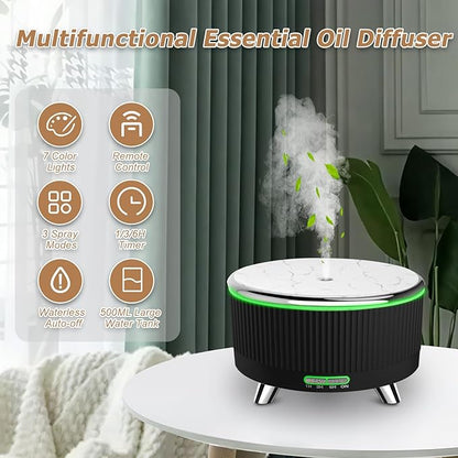Essential Oil Diffuser for Large Room 500ml,Diffusers for Home with R/C,Aromatherapy Diffuser Waterless Auto Off,Cool Mist Humidifier 7 Colors Light & 3 Mist Modes for Bedroom Office Black Silver