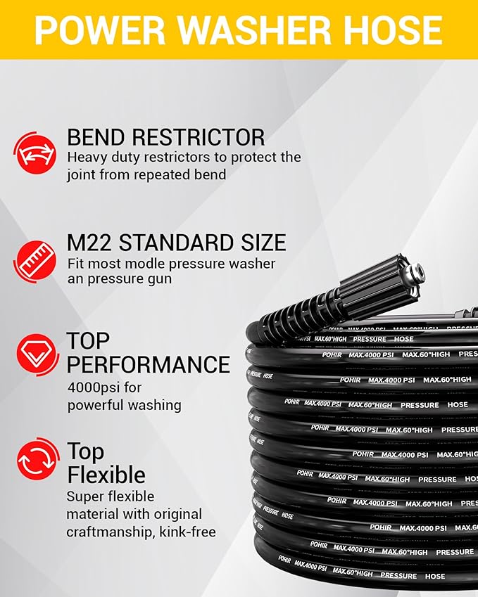 POHIR Pressure Washer Hose 50FT, Kink Resistant Power Washer Replacement Hose 1/4 Inch with M22 14MM Swivel, Lightweight Pressure Washer Extension Hose 4000 PSI