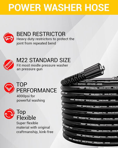 POHIR Pressure Washer Hose 50FT, Kink Resistant Power Washer Replacement Hose 1/4 Inch with M22 14MM Swivel, Lightweight Pressure Washer Extension Hose 4000 PSI