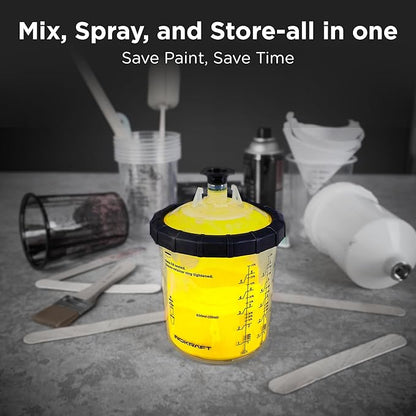 InoKraft Disposable Paint Spray Gun Cup, Paint System for HVLP and LVLP Paint Spray Paint Gun, Standard 22 Ounce (650ml) Kit with 45 Cups and Lids System, 1 Hard Cup with Retainer Ring and 20 Plugs