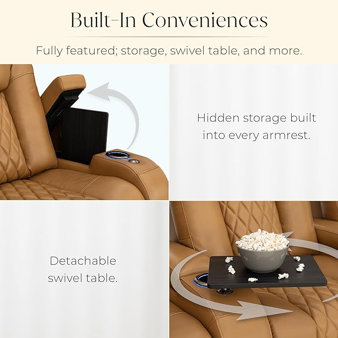 Seatcraft Diamante Zero-Gravity CoolZero Italian Leather Home Theater Seating, Power Headrest, Power Recline, Row of 5 Left Loveseat, Tan Oak