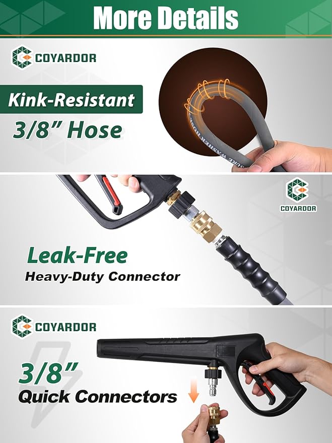 3/8" Pressure Washer Hose 125 FT 4500 PSI, Steel Braided Layer & NonMarking Rubber for Hot/Cold Water High Power Washer Replacement With 3/8 Inch Quick Connect & M22 Fitting, Industrial-grade