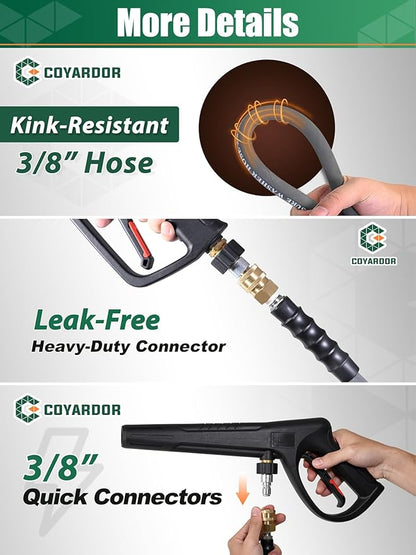 3/8" Pressure Washer Hose 125 FT 4500 PSI, Steel Braided Layer & NonMarking Rubber for Hot/Cold Water High Power Washer Replacement With 3/8 Inch Quick Connect & M22 Fitting, Industrial-grade