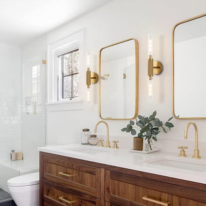 Gold Knurled Texture Wall Sconces 24" Modern Cylinder Bathroom Vanity Lights Fixtures with Clear Striped Glass Shade 2-Lights Indoor Wall Lighting for Living Room Bedroom Kitchen