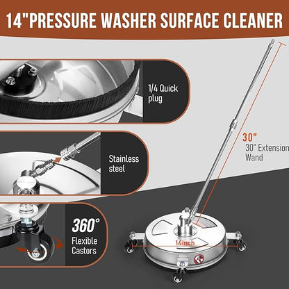 14" Pressure Washer Surface Cleaner with Wheels, 4000PSI Stainless Steel Surface Cleaner with 1/4" Quick Plug and 2 Extension Wands, for Patio Sidewalks, Deck, Porch Cleaning