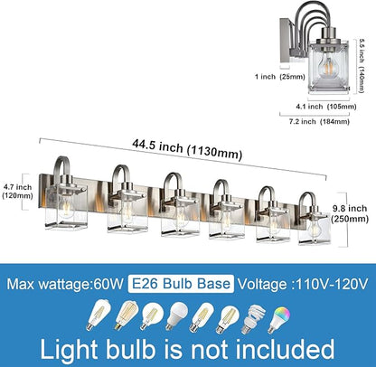 6-Light Bathroom Light, Brushed Nickel Vanity Light Fixture Over, Mirror,Modern Wall Lamp with Clear Glass Shade Wall Sconce Lighting for Living Room, Bedroom, Hallway