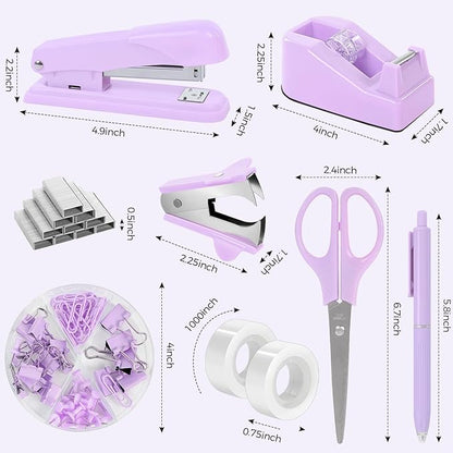 SKYDUE Purple Desk Accessories, Purple Office Supplies Set, Stapler, Tape Dispenser, Scissors, Binder/Paper Clips and 1000pcs Staples,Office Supplies for Women