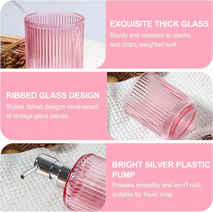 Pink Bathroom Accessories Set, 4 Pcs Glass Bathroom Accessory Set, Pink Soap Dispenser and Toothbrush Holder Set, Qtip Holder Set, Vintage Bathroom Sink Set, Cute Bathroom Decor