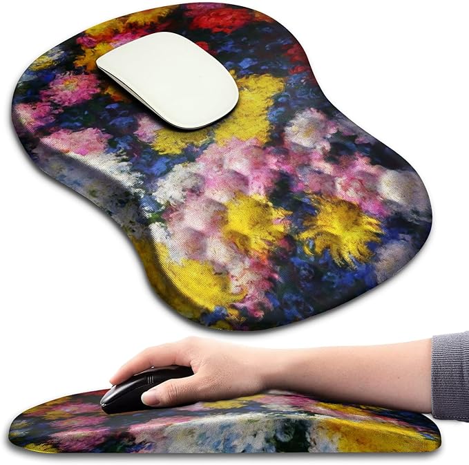 Hokafenle Ergonomic Mouse Pad Wrist Support with Massage Design, Wrist Rest Pain Relief Mousepad with Memory Foam&Non-Slip PU Base, Mouse Pads for Wireless Mouse & Desk(12x8 inch,Monet Chrysanthemum)