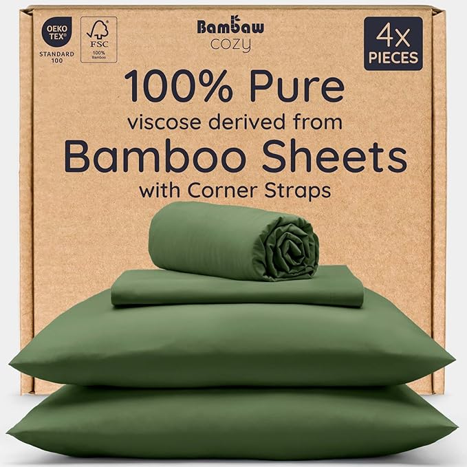 Bambaw California King Sheet Set 4pcs – 100% Viscose Derived from Bamboo Sheets Deep Pocket, Fits Up to 16'' Mattresses, Super Soft & Temperature Cooling Bed Sheets (Olive)