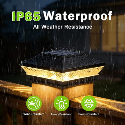 Solar Post Cap Lights Outdoor 12-Pack, Waterproof Solar Fence Post Lights Fit 3.5x3.5 4x4 Wood/Vinyl Posts, Solar Powered Deck Post Lights with 2 Modes(Warm/Cool White), Ideal for Garden Patio, Black