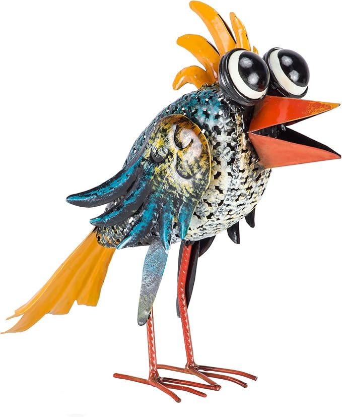 Alpine Corporation 11" Tall Outdoor Metal Wide-Eyed Bird Standing Yard Statue Decoration, Multicolor