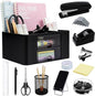 Black Desk Organizers and Accessories 12+1Pcs, Office Supplies for Desk, Pen Organizer with 2 Drawers with Stapler,1000 Staples, Phone Holder, Tape Dispenser, Pen Holder, Sticky Note, Clips, Ruler,Etc