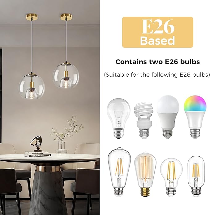 9.1in Large Clear Glass Pendant Light for Kitchen Island – 3-Pack with Extra LED Bulbs & 4.92ft Adjustable Cord | Modern Minimalist Lighting for Dining Room, Living Room, Entryway