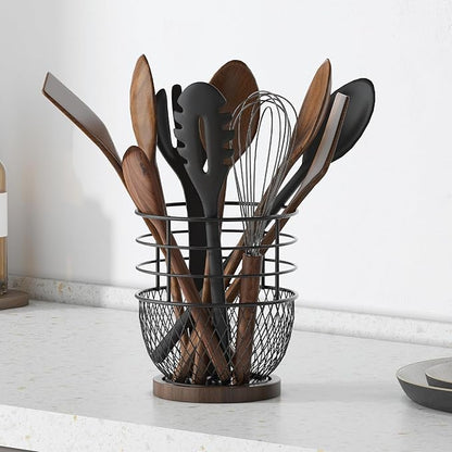 SODSAI 360° Rotating Utensil Holder with Premium Wooden Base, Large Iron Kitchen Organizer for Countertop, Farmhouse & Modern Style Kitchen Storage Basket