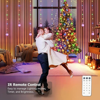Wishing Ball Curtain Lights Battery Operated, 10ft x 3.3ft Warm White & Multicolor Fairy String Lights Curtain, Timer & IR Remote for Bedroom Backdrop Indoor Outdoor Christmas Party Decor