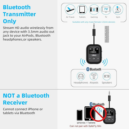 1Mii Airplane Bluetooth 5.3 Transmitter for All Headphones - Bluetooth Adapter for TV - Dual Connection - aptX Low Latency - Flying Travel, Wireless Audio Aux for MP3, Game,PC-Black