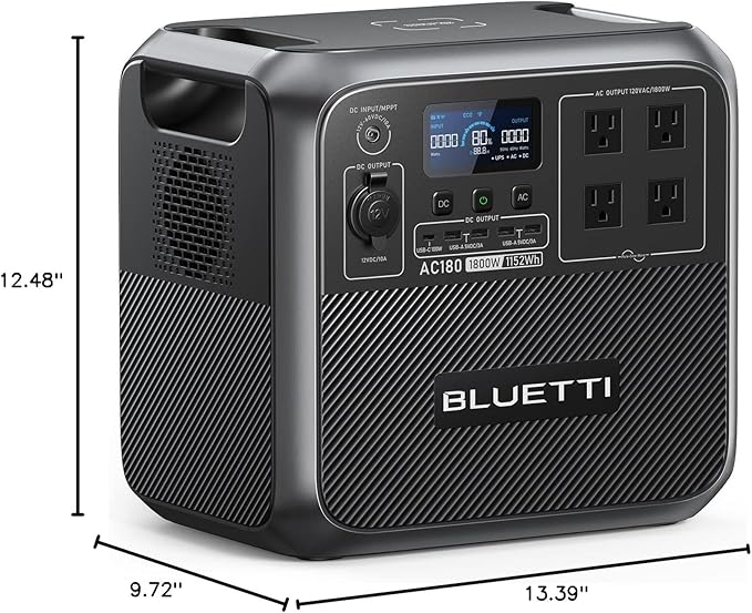 BLUETTI Portable Power Station AC180, 1152Wh LiFePO4 Battery Backup w/ 2 1800W (2700W peak) AC Outlets, 0-80% in 45Min, Solar Generator for Camping, Off-grid, Power Outage