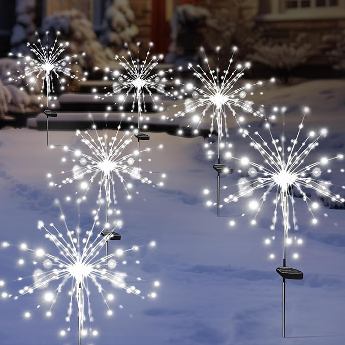 Solar Garden Firework Lights Outdoor Waterproof, 4 Pack Solar Powered Art Stake Twinkle Lighting for Outside Decor, 120 LED Sparklers String Lights for Yard Pathway Decorations(White)