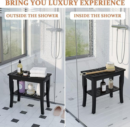 Domax Bamboo Shower Benches for Inside Shower - Bathroom Bench Seat Waterproof Wooden Shower Stool with Storage Shelf for Adults Elderly Seniors Wood Shower Chair for Bathtub or Small Spaces, Black