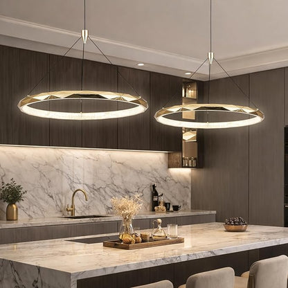 HEYAN Modern Gold Ring Chandelier, 24-Inch Faceted Geometric LED Pendant Light, Dimmable 3-Color Changeable Island Lighting, 36W Luxury Acrylic Crystal-Effect Ceiling Fixture for Dining Room & Kitchen